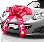 Zoe Deco - Happy Birthday Car Bow - Red, 76 cm - Giant Gift Bow Pre-Printed with Happy Birthday - Large Gift Wrapping for Huge Present & Surprise Party