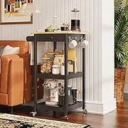 Gizoon Small Kitchen Island with Top Drawer, Mobile Rolling Cart on Metal Wheels with 2 Open Shelf, 3 Side Hooks, Wine Rack for Dining Room, Home Coffee Bar, Black