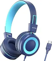 Bywulanda USB Type C Kids Headphone for School, 94dB Safe Volume Limited, Foldable Stereo Sound Tangle-Free Type C Cord, On-Ear Headphones for Boys/Girls/Students/Tablet/Travel(Dark Blue)