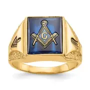10K Yellow Gold Antiqued and Textured with Blue Spinel Masonic Ring For Men