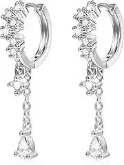 [ALEXCRAFT] 925 Sterling Silver Drop Dangle Earrings Cubic Zirconia Teardrop Hoop Dangle Earrings for Women Hypoallergenic Drop Water CZ Dangle Chain Huggie Sterling Sliver Post Earrings for Jewelry Gifts