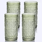 abrwyy Green Drinking Glasses Set of 4, Vintage Drinking Glasses, Colored Glassware Drinking, Highball Beverage Glasses Cup, Vintage Glassware Set for Water, Juice, Cocktail, Coffee