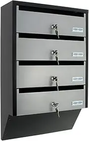 Rottner Depot 4 Letterbox System Silver Black Steel Plate Name Tag Holder Cylinder Lock 2 Keys Each for 4 Units Mounting Materials
