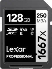 128GB Professional 1667X SD Card, UHS-II, C10, U3, V60, Full HD, 4K, up to 250Mb