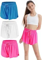 [Celfaeree] 3-4 Packs Girls Flowy Butterfly Shorts Athletic 2 in 1 Running Active Skirt Shorts, Workout Short for Kids Teens