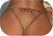 [Rotaiboes] Sexy Gold Letters Thong Panties Summer Beach Pearl Waist Chain Thong Elasticity Festival Rave G String Body Chain Jewelry for Women