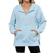 Women's Pullover Hoodie Sweatshirt Plain Streetwear Casual Comfy Long Sleeve Hooded Regular Tops Street Holiday Going out Front Pocket Quarter Zip Black Pink B