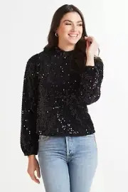 Sanctuary L34307 Womens Black All Nighter Sequin Mock Neck Top Size M