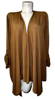 New TORRID Top 2 2X Tobacco Brown Gauze Drape Front Roll Tab Sleeve Open Jacket