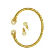 Designer Cable Bangle Bracelet 2pc set pearl stud earring 18kt yellow gold New