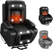 ALFORDSON Recliner Chair with Dual USB Charging Ports, Electric Heated Massage Armchair Fully Automatic Lifting and Reclining, PU Leather Lounge Sofa Remote Control for Home Room and Office, Black