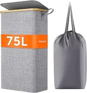 Lifewit 75L Slim Laundry Hamper with Lid, Narrow Laundry Basket with Removable Bag & Bamboo Handles, Fodable Thin Dirty Clothes Hamper for Laundry Collapsible Bin for Bathroom Bedroom Dorm, Gray