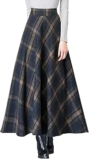 [ebossy] Women's Vintage High Waist Wool Blend Plaid A-Line Long Maxi Skirt with Pocket