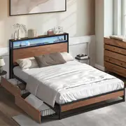 Oikiture Metal Bed Frame Queen Double King LED Headboard Storage Drawers USB