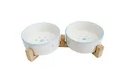 Double Blue Ceramic Pet Bowls with Wooden Stand - Stylish Elevated Feeder Set