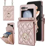 Compatible with Samsung Galaxy Z Flip 5 5G 2023 Wallet Case Crossbody Strap Leather Zipper Credit Card Holder Clasp Stand Cell Accessories Phone Cover for ZFlip5 Z5 G Flip5 5Zcase Women Men Pink