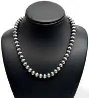 Native American 9mm Sterling Silver Navajo Pearls 18" Hook & Eye Cone Necklace
