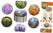 Coasters Set of 6 with Holder-4in Absorbent Stained Glass Flowers and Plants