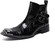 [Generic] Ankle Boot for Men High Top Boot Slip On StyleGenuine Leather Patent Leather Monk Strap Zipper Captoe Middle Block Heel Men's Leather Shoes