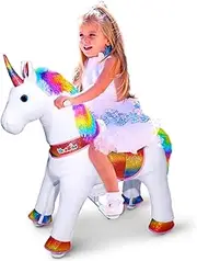 WondeRides Ride on Unicorn Plush Horse Toy for Girls Walking Animal Giddy up Pony Medium for Age 4-9 (35.8 inch Height), Mechanical Riding Horse with Wheels