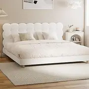 Oikiture King Bed Frame Boucle Mattress Platform Bed Base White