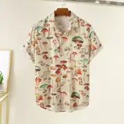 Hawaiian Shirt Lapel Loose Fit Colorful Mushroom Print Hawaiian Shirt Breathable