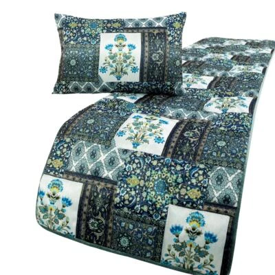 Decorative Twin Bed Runner Blue, Persian Pattern & Quilted Satin - Bahar