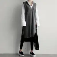 在飛比找momo購物網優惠-【D.studio】韓版V領前短後長針織背心長裙(長毛衣裙 