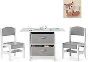 HONEY JOY Kids Table and Chair Set, 3 PCS Children Wood Activity Table w/Jigsaw Puzzle, Toy Storage Baskets, Toddler Table & Chair Set for Reading, Writing, Painting, Preschool, Playroom