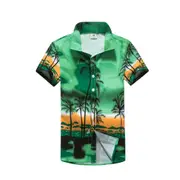 New Adults Kids Cotton Hawaiian Beach Shirt Cool Dry Tropical Summer Casual Tops - Palms (Green_B)