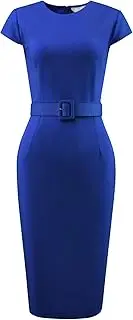 [Hobemty] Women's Pencil Dress Cap Sleeve Belted Wear to Work Sheath Dresses