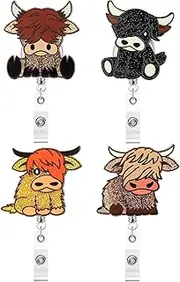 Kigeli 4 Pcs Highland Cow Badge Reel Retractable Glitter Cute Badge Reels Funny ID Name Badge Holder Badge Reel with Swivel Clip Nurse Badge Reel for Nurse Doctor Teacher(Classic Style)