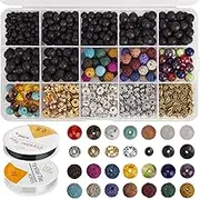 AIEX 606 Pcs Lava Beads Kit Lava Stone Beads Assorted Colored Chakra Beads Spacer Beads with 2 Roll Elastic Stretch Strings and 2 Bead Needles for Adult Essential Oil Bracelet Necklace Making