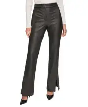 DKNY Women's Faux Leather Mid Rise Split-Cuff Flare Leg Pants (Black, 2)