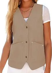 [Zontroldy] Women's Vintage V Neck Corduroy Vests Sleeveless Button Down Cardigan Outerwear with Pockets