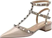 [QEEFXLQI] High Heels Shoes Flat Rivet Single Shoes Women Summer Pointed Thick Heel Low Heel Fashion Sandals hot Style(Nude Color,39)