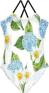 [RPLIFE] Blue Hydrangeas White Kids Swim Suit, Beach Swimwear 3-10 Y with Adjustable Shoulder Strap, 3-10 Y