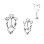 16G Internally Threaded Steel 3 CZ Cluster Chain Link Labret Ear Ring Helix Stud