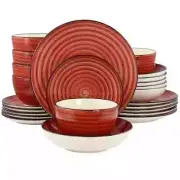Elama Dinnerware Set Round Microwave Safe Stoneware Assorted Set Red 24-Piece