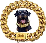 Strong Stainless Steel Gold Dog Collars with Safety Buckle Lock,23MM Cuban Link Chain Training Collar,Dog Necklace Walking Collar for Small Medium & Large Dogs (24, Gold)