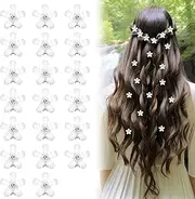 Lnngub Pack of 20 Mini Flower Hair Clips with Rhinestones, White Small Flowers Resin Hair Claw Cute Flowers Decorative Hair Pins for Women and Girls Wedding, Dating, Daily Life (1.5 cm)