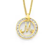 9ct Gold Cubic Zirconia Script Initial M Pendant in Clear