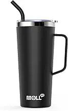 Mollcity 24 oz Stainless Steel Travel Coffee Mug with Handle-Double Wall Insulated Tumbler Cup with Lid and Straw, Sweat Proof (Black)