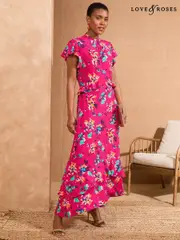 Love & Roses Pink Floral Print Petite Embellished Metallic High Neck Ruffle Peplum Midi Dress (AP7064) | $150