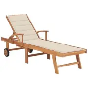 Sun Lounger With Cushion And Wheels Solid Teak Wood Outdoor Beach Pool Sunbed