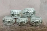 1set 5pcs Asian Bamboo Bird Cage Red-crowned crane porcelain cups