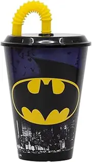 CARTOON Reusable Semi-Rigid Plastic Drinking Cup with Straw for Children, BPA Free, Capacity 430ml (Batman)