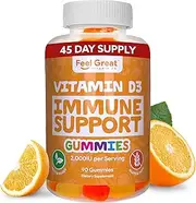 Feel Great 365 Vitamin D3 Gummies by (45 Servings) with Immune Support* | Gluten Free Plant & Pectin Based Formula | Sunshine & Immunity Support Supplement | D3 Aids In Calcium Absorption for Strong