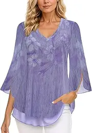 [Timuspo] Women's Half Sleeve Chiffon Blouse Shirt Summer Round Collar Double Layers Flowing Tunic Top