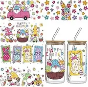 Easter UV DTF Cup Wraps for 16oz Glass, 5 Sheets Easter Bunny Theme UV DTF Cup Wrap Cartoon Colorful Rabbit Dwarf Easter Egg Design Uvdtf Rub on Transfer Sticker for Coffee Mugs Water Bottle DIY Craft